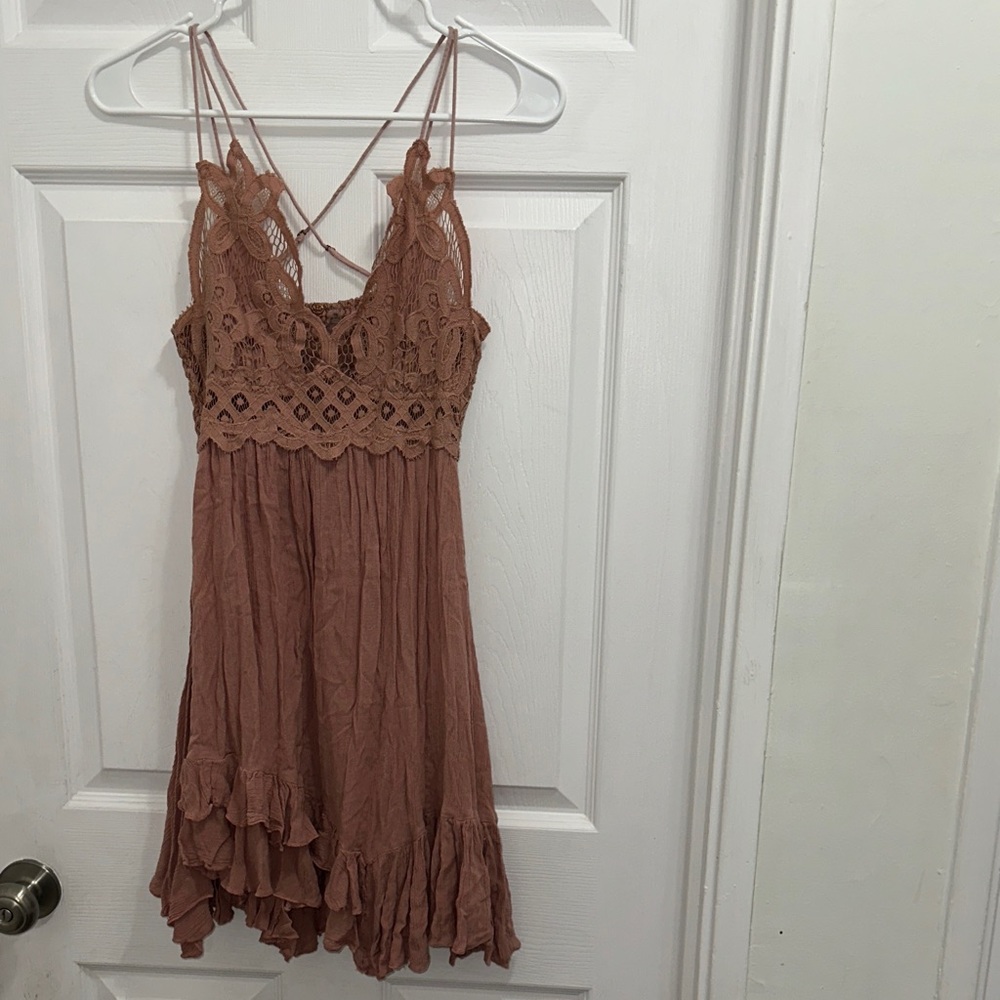 Free People Dusty Rose Crochet Slip Mini Dress